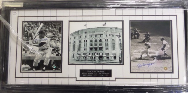 This 18x37 beautiful and professional framed display is double matted, with navy blue and a special white "pinstriped" matting.  It features a Yankee Stadium photo, a custom engraved nameplate, and two black and white photos, each blue sharpie-signed by the Yankees HOF outfielder pictured.  Included are Mickey Mantle and Joe DiMaggio, and both autographs are authenticated by forensic science expert, Chris Morales.  Ready for display, and valued well into the low thousands!