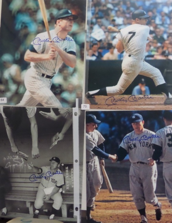 This high value group lot is FOUR Mickey Mantle 8x10's, three in color, and one in black and white, and all different shots.  What all four have in common is that each one is penned in blue sharpie by the Yankees all time great himself, and book value of the four together is now north of a grand!