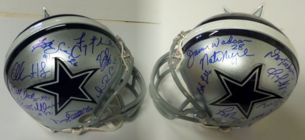 This Dallas Cowboys mini football helmet from Riddell is in EX/MT shape, and would be MINT if not for the star logos starting to come off.  Of course, that can be easily remedied, and you'll want to, because this baby features 16 blue sharpie autographs from some of the greatest figures in franchise history, many of whom are enshrined in Canton, and some of whom are no longer with us.  Included are Lilly, Aikman, Irvin, Smith, Haley, Johnston, Jones (Too Tall, this is), Jordan, Renfro, Novacek, Stepnoski, Newton, Woodson and more.  Awesome Cowboys item, and retail is low thousands!
