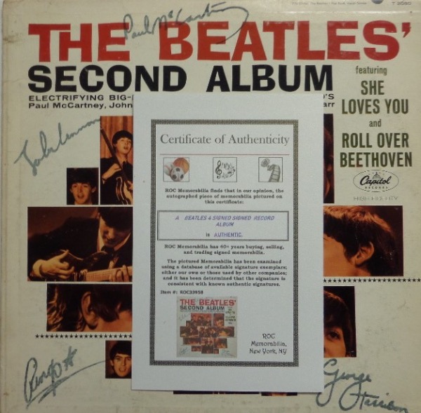 This original 1964 "Beatles Second Album" from Capitol Records is in EX shape, and comes hand-signed on the front cover in black signature by all four Beatles.  These are definitely older and slightly faded autographs, but still grade mostly 6's-7's overall, and included are George Harrison, Paul McCartney, John Lennon and Ringo Starr.  With half of the band now deceased, Paul harder to get to than the Pope, and Ringo no longer signing through the mail, the retail value here is well into the thousands on this gem!  ROC Memoirabilia photo COA is included for authenticity!