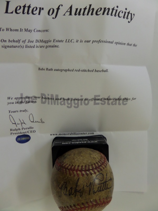 This very old, red-laced baseball shows some marking and some soiling, but is in overall G+ condition.  It is hand-signed against the sweet spot in black fountain pen ink by .342 lifetime hitter, HOF'er and Yankees all time great, Babe Ruth, his signature grading an overall 6-6.5, and the ball includes a full LOA from The Joe DiMaggio Estate for absolute authenticity.  Valued at TEN GRAND, but we're going to start out with a low, LOW minimum so that EVERYONE gets a chance!