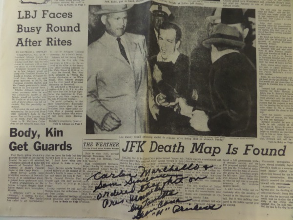 If you are a JFK collector or a conspiracy buff, you simply CANNOT miss out on this unique opportunity.  It is 11/25/63 Fort Worth Star Telegram Evening Edition newspaper, with a black and white photo of Jack Ruby's assassination of Lee Oswald.  It is hand-signed beneath the photo in bold black sharpie by the "Mafia Princess" herself, Antoinette Giancana, the daughter of Chicago Mob Boss and JFK suspect, Sam Giancana.  Here's the crazy part: It includes the following message: Carlos Marcello and Sam Giancana ordered the hit on Pres. Kennedy.  WOW!!!  Is it true?  Who knows, but what a conversation piece, and retail is ?????
