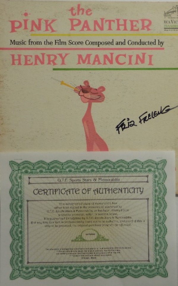 This original "The Pink Panther" soundtrack LP album by Henry Mancini, shows a color image of The Pink Panther on the front, and has been hand-signed in black felt tip marker by the great Friz Freleng himself.  Signature grades about an 8, and the album comes with a COA from GTE Sports Stars & Memorabilia.  Valued well into the hundreds!