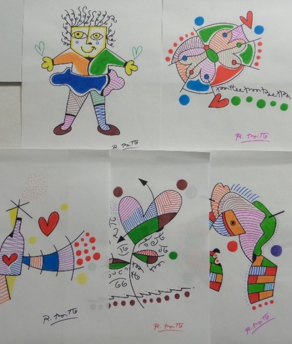 This lot contains 5 different pieces, all approx. 9"x10" in size.  Each comes on white thin stock artists paper and each is done in watercolor and ink and depicts cubist style images and figures. They all are classic Britto with vibrant colors and EACH comes signed by this Brazilian artist at the bottom!  Very bold patterns and each ideal for matting/framing. 