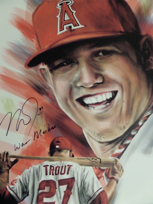 This giant, full color work shows the young slugger in two poses, has lots of Angels team red in the image, and comes black marker signed perfectly. It is a superior work, a real must have and must frame, and value is upper hundreds.. 