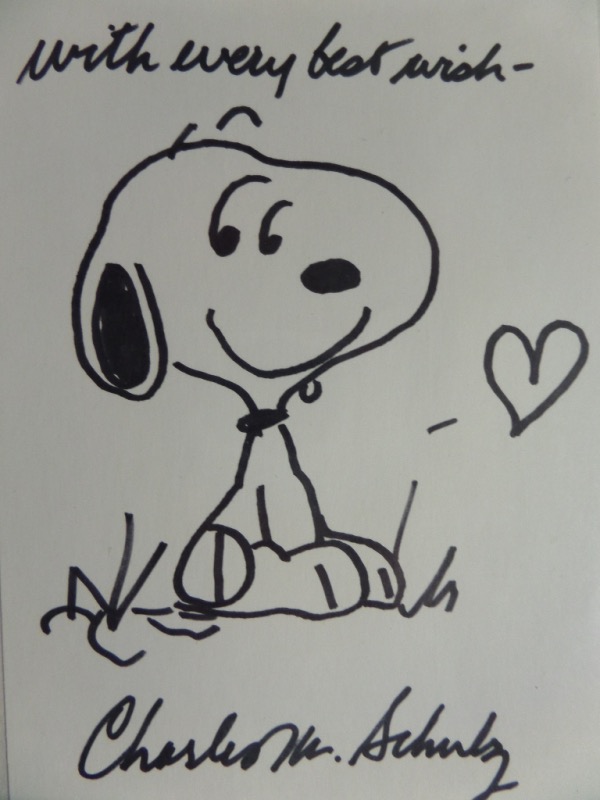 This super cool, now rare work is from circa 1977, sent out to a fan by the late "Peanuts" creator, and shows the cartoon dog in full. It is about 5x9 in size, grades a clean bold 10 all over, and comes hand signed by Schulz as well along the bottom. Look them up online, then bid on this easy Great American investment. 