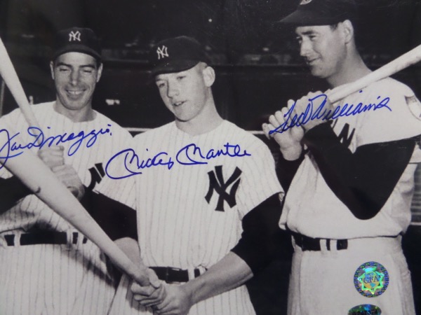 This 1951 B&W image is 8x10 in size, shows Ted, Joe and Mickey posing, and all have bats in hand. Great piece, signed in one color, bold blue sharpie by everyone, and grading a superb 10 all over the place. It is as nice as any I've sold in the last 31 years, shows off EZ from 30 feet away, and is perfect for any collection. It has the forensic team at GFA's full approval via their lifetime COA and added hologram, and value is many times our opening bid price.