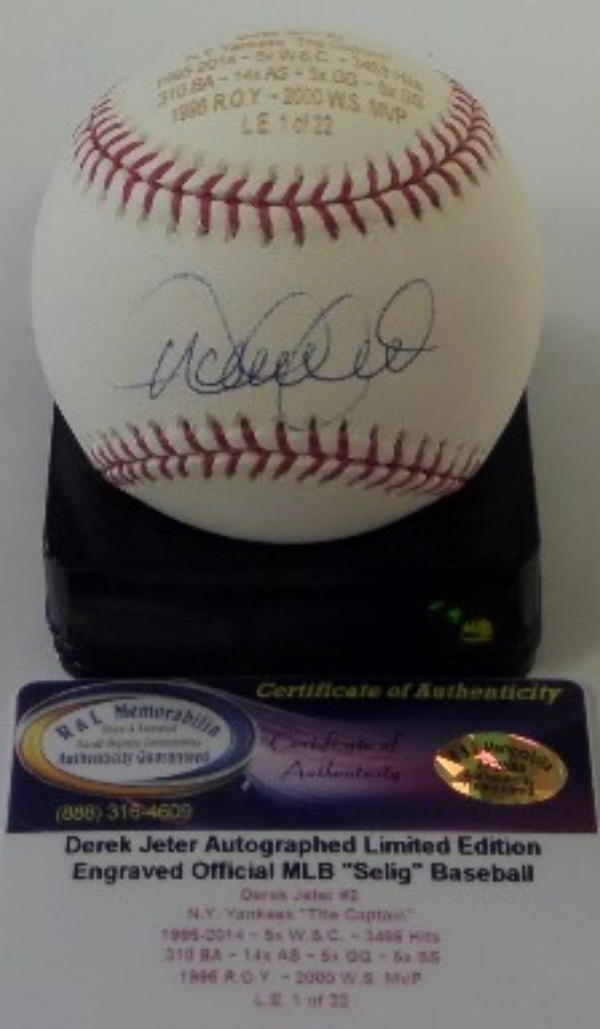 This Official Major League Baseball from Rawlings is in NM/MT condition, and is specially laser-engraved on the top panel, listing Derek Jeter's lifetime stats and accomplishments.  It is hand-signed on the sweet spot in blue ink by "The Captain" himself, and the ball includes a COA from R&L Memorabilia for rock solid authenticity.  Valued into the mid/high hundreds!