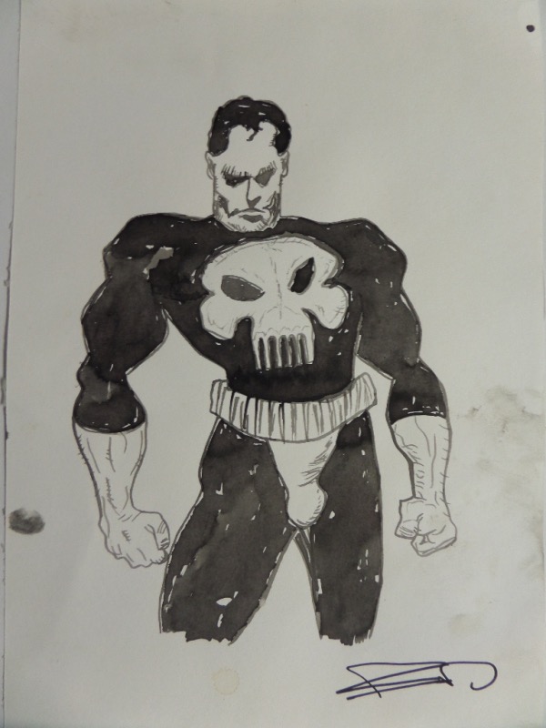 This amazing and one of a kind graphic art opportunity is an original black and white watercolor sketch of "The Punisher", drawn by now-legendary graphic artist and comic character creator, Frank Miller.  It is hand-signed in black at the bottom, measures a very frame-worthy 8x11, and Miller's original sketches sell into the five figure range, so get in on this tasty opportunity!