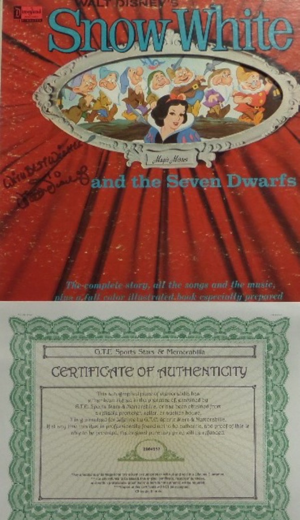 This original "Snow White and the Seven Dwarfs" LP album is in VG+ shape overall, and comes front cover-signed in black felt tip marker by animator/innovator, Walt Disney.  The signature has faded a bit over the years, grading about a 6, with With Best Wishes added.  Comes with a COA from GTE Sports Stars & Memorabilia for certainty, and retail is low thousands!