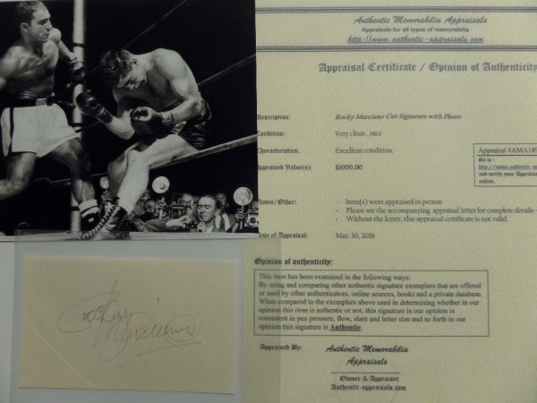 This approximately 3x5 cut of white paper comes hand-signed in black ink by undefeated Heavyweight Champion, Rocky Marciano.  The signature is light, grading a 5, and comes certified by Authentic Memorabilia Appraisals, which assesses the value at a cool $1000.00.  Comes with a black and white photo for matting and framing.  A MUST for the serious boxing collector!