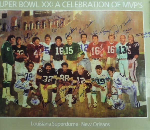 This amazing NFL find is a 2x3 foot color poster, shows every Super Bowl MVP in their vintage uniform, and comes hand signed by everyone! Yes, toughies Harvey Martin and Jake Scott are here, as is Lynn Swann, Namath, Bradshaw, Marcus Allen, Franco, Riggins, Starr, Staubach, Csonka and more. Wow, what a collaboration, and value is 2 grand easily. 