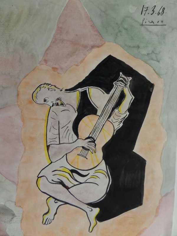 This approx. 12"x17" piece is done on thick stock artists paper and shows a man playing the lute. Done in great orange/gray/purple/green/blue/brown watercolors and the imagery is typical picasso. Signed and dated from 27.3.68 by this long-deceased master and BEGS to be framed and displayed. VG+ shape overall and NICE!