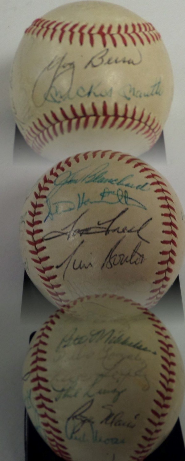 This Official ball is red-laced, comes ink signed by everyone, and grades an honest 5 or so overall, with some better, and a few worse. I see both Mickey Mantle and Yogi Berra sharing the sweet spot, while Ford, Kubek, Elston Howard, Bouton, Tresh, Roger Maris and the rest are nearby on side panels. Important ball, just after that magical 1961 season in the Bronx, and value is ???