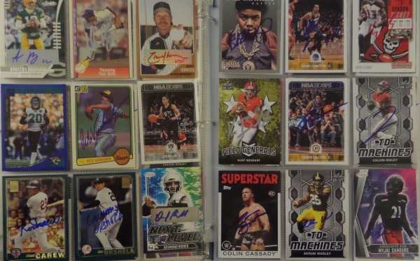 This large collection is 225 cards strong and 99% come front side sharpie signed, and grade 9's or better. I see all major sports along with some actors and some wrestlers, and all were either pack pulled or through the mail obtained by our consigner. Some names include Aaron Rodgers, Steven Bauer, Randy Johnson, a rare Pete Vukovich, Nolan Ryan, Rod Carew etc. There are some dogs in here as well, but many guys you've heard of. 