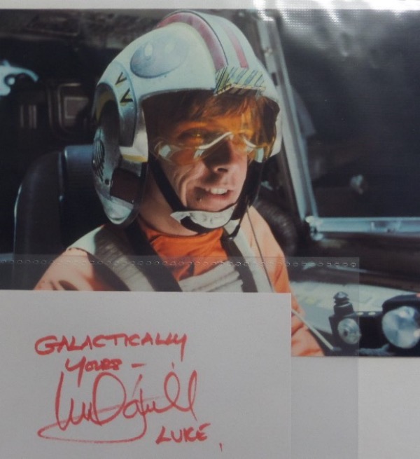 This fabulous Star Wars collectible is a cut of white paper, measuring approximately 3x5, and hand-signed in red sharpie by Mark Hamill.  The signature grades a legible 8, with Galactically Yours and Luke inscriptions, and the cut comes with a color Star Wars photo for matting and framing!