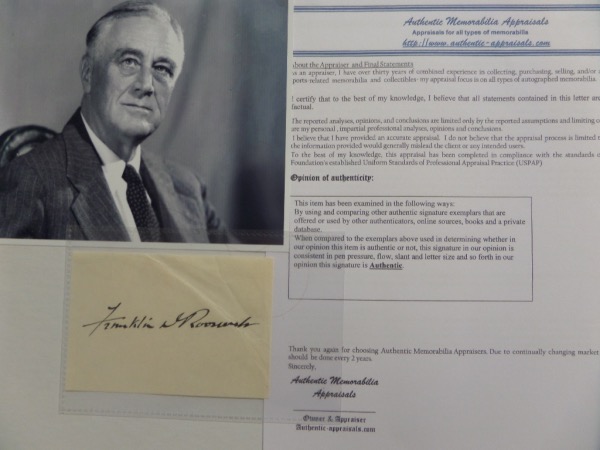 This vintage cut of white paper measures about 3x4.5 in size and features a black fountain pen ink signature, penned by 32nd US President, Franklin D. Roosevelt.  The signature grades about a 7.5 overall, and the cut comes with a black and white photo of Roosevelt's family for matting, framing and display.  With his death now approaching 80 years ago, retail is easily into the low thousands!