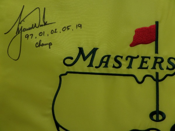 This mint, real pin flag is from Augusta, site of the tournament, and comes hand signed by THE Tiger Woods!!! It grades a bold 8 in black sharpie, has the 5 years that he won written and listed, and value can reach thousands on the reluctant signer. Solid buy and hold investment, in the still ever popular star!
