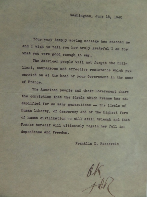 This 1940 dated and typed letter is a full one to a French Government Official, and comes initial black ink signed across the bottom "FDR". Great content from the war, signature is large and bold, and framing here is a must-do. 