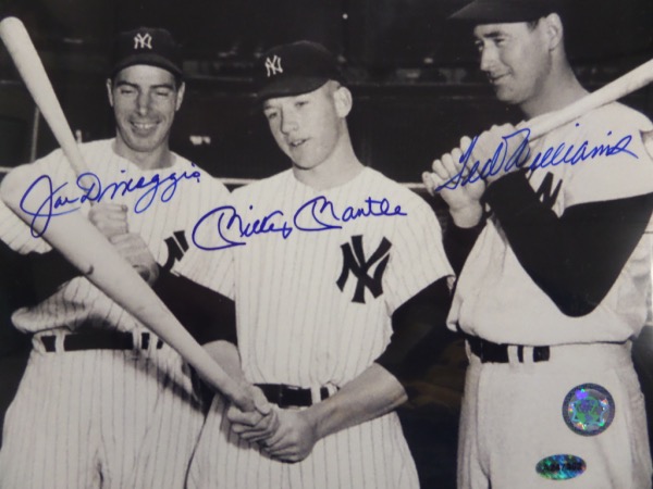 This well seen 1951 B&W 8x10 shows the "Big Three" posing, bats in hands, and is valued well over a grand with all 3 now long deceased. It comes boldly blue sharpie signed, grades a clean 10 all over, and has the sought after GFA lifetime forensic COA intact. Great choice, and sold here with NO reserve! 