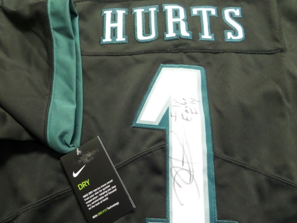 This mint black Birds jersey is authentic and comes signed by this young QB wonderfully in black with a superb inscription! A MUST for the Eagles fan and retail is in the high hundreds+ and rising. Eagles could do BIG things next year, so get it now as he barely lost the Super Bowl and MVP race this past year!!