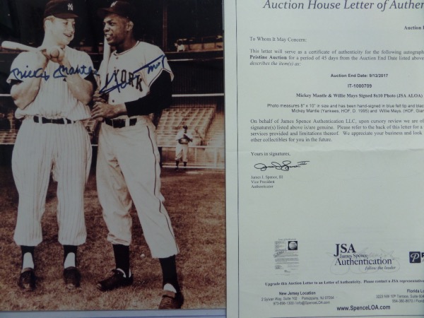 This sepia toned 8x10 photo shows two HOF greats talking together before a Yankees/Giants game.  I'm thinking it was the '51 World Series, because both of them look very young, and the photo is hand-signed by both in blue felt tip marker.  Included are Willie Mays and Mickey Mantle and the signatures are JSA certified for authenticity purposes.  Valued into the mid hundreds!