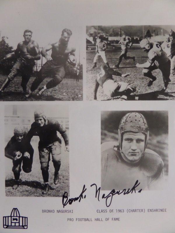 This black and white 8x10 commemorates Nagurski's 1963 election to the Pro Football Hall of Fame, and includes a collage of 4 different images.  It is hand-signed in black sharpie by the all time great FB himself, and includes a COA and hologram from The Memorabilia Network (A003247) for authenticity.  Valued well into the hundreds and a MUST for the serious football historian!