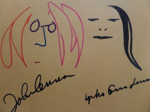 This thicker stock of light brown paper measures about 8x10 in size, and is still in NM condition.  It features a drawing by John Lennon of he and wife, Yoko Ono, and comes hand-signed in black by the famed 1960's-70's couple.  This piece can frame on its own, or could be framed and matted with a Plastic Ono Band LP for a truly unique display, and retail is low thousands!