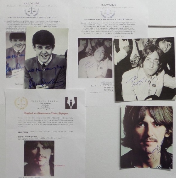 This MUST HAVE lot for Beatles collectors includes THREE different smaller photos of individual Beatles, all on thick stock, and each is individually autographed.  Included are a color "White Album" 5.5x6.5 photo signed in blue by George Harrison, a black and white 6.25x6.5 photo signed in blue by John Lennon, and a black and white 4.25x7.5 photos, signed in blue sharpie by Paul McCartney.  Each includes its own photo LOA from either Benedito Santos or Marcos Oliveira for authenticity purposes, and this lot can combine to make one heck of a framed display.  Valued into the low thousands!