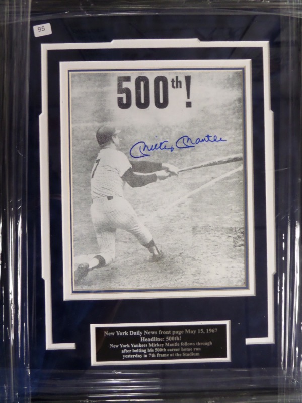 This 17x22 professionally-framed and double matted display features a custom-engraved nameplate and a black and white photo print of Mickey Mantle hitting his 500th Home Run.  It is hand-signed in blue sharpie by the man himself, is 100% ready for display, and retail on this gem is high hundreds!