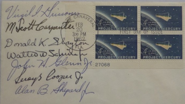 This MUST HAVE NASA collector's item is an original 1962 stamped FDC cachet, hand-signed by all seven astronauts who pioneered the program, known as The Mercury Seven.  Included are Alan Shapard, Wally Schirra, Gus Grissom, Scott Carpenter, Donald Slayton, Leroy Cooper and John Glenn!  With more than half of the group deceased, retail here is low thousands, easily!