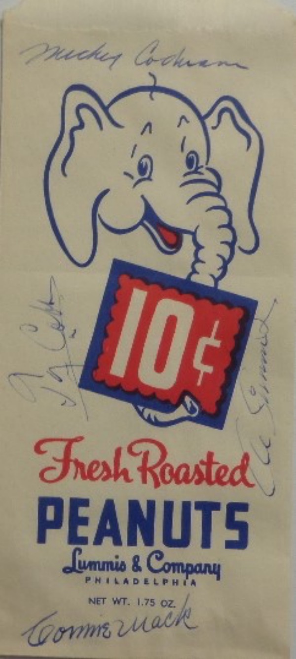 This vintage Fresh Roasted Peanuts original 10cent bag features the Philadelphia A's elephant logo, and is most likely from the late 1920's.  It comes blue ink-signed by longtime A's owner/manager Connie Mack, and HOF'ers Ty Cobb, All Simmons and Mickey Cochrane and with all four men now long gone, retail is easily into the thousands!