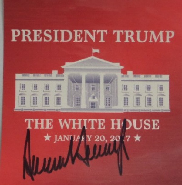 This red President Trump The White House January 20, 2017 Inauguration card measures 3.5x4 and is in NM/MT condition.  It is hand-signed in black sharpie by #45 himself, and grades a strong, overall 9, at least.  Small in stature, but packs a powerful, political punch, and retail is high hundreds, at least!