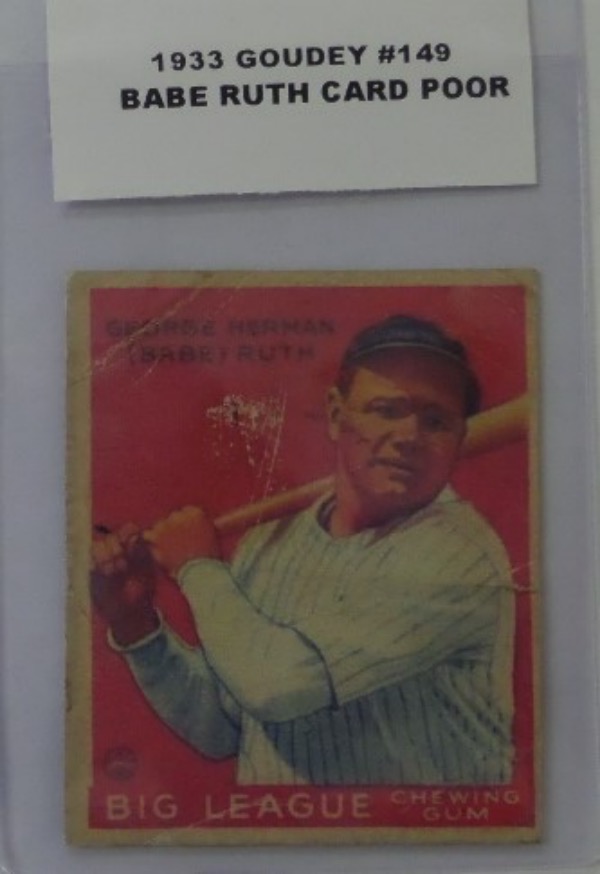 This 1933 Goudey Babe Ruth Baseball Card #149 is in POOR-GOOD condition, with creases, top wear, and some staining.  The card is great for the vintage Ruth collector who doesn't mind the lower grade, and still a valuable card in this condition..