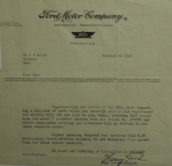 This relic is over 100 years old, comes to you on real Ford Motor Company letterhead and paper, and comes ink signed at the bottom by founder and industrialist Henry Ford. It is about 7x8 in size, the signature is a legible 6.5 or so, and can be seen easily from 17 feet away. A real must have, must fame "Great American" investment choice, and valued at $2000.00 or so. 