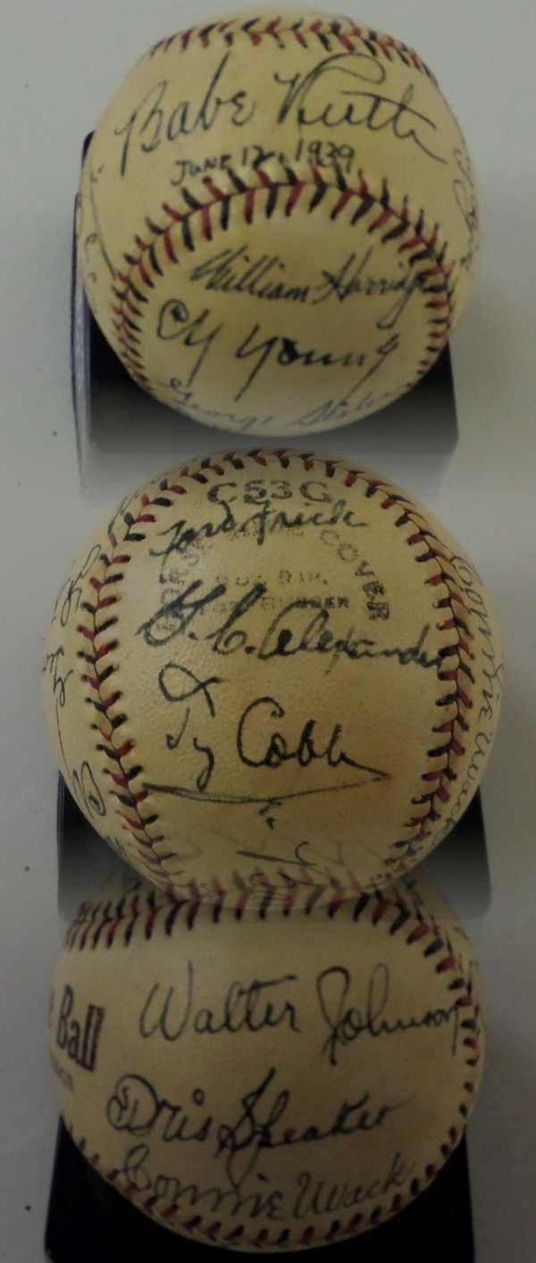 This vintage red and blue-laced "Major League Ball" baseball is in VG+ shape, and comes hand-signed by Commissioner Kennesaw Mountain Landis, League Commissioners Ford Frick and William Harridge, HOF Manager, Clark Griffith, and the 11 Inductees who famously attended the opening ceremonies for the National Baseball Hall Of Fame and Museum in 1939.  Included are Babe Ruth, Honus Wagner, Cy Young, Walter Johnson, Connie Mack, Larry Lajoie, Ty Cobb, Eddie Collins, George Sisler, Grover Alexander and Tris Speaker.  Signatures mostly grade 6's-7's and show a bit of weathering, and the ball looks absolutely fabulous--please see our attached "triple" photo.  Fantastic collector's item, valued well into the five figure range!