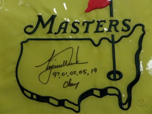 This mint, real pin flag is from Augusta, site of the tournament, and comes hand signed by THE Tiger Woods!!! It grades a bold 8 in black sharpie, has the 5 years that he won written and listed, and value can reach thousands on the reluctant signer. Solid buy and hold investment, in the still ever popular star!
