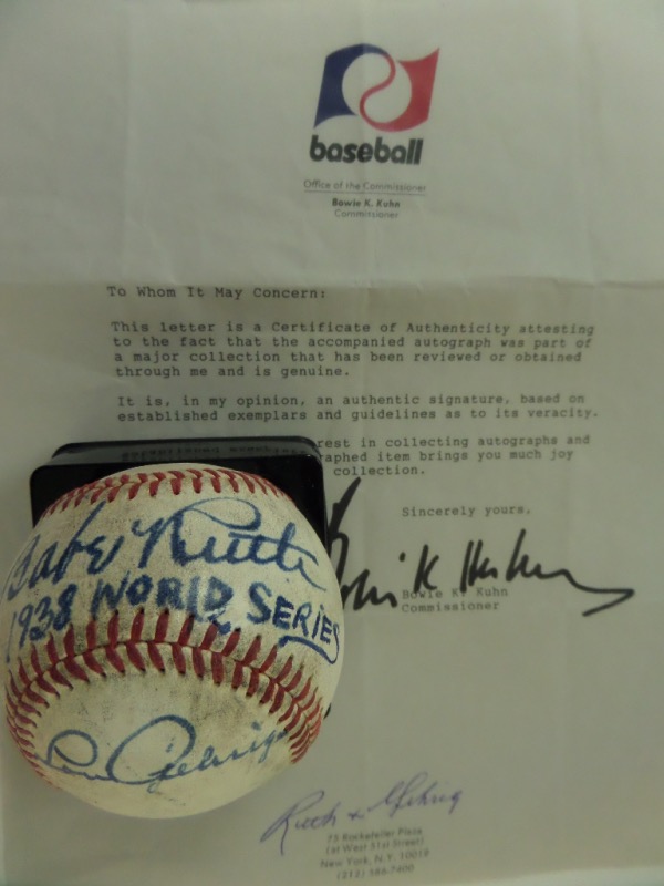 This used game ball is red-laced, comes boldly ink signed by BOTH Babe and Lou, and has "1938 World Series" written on it, possibly by the Babe himself. It grades an honest 7 overall, has a Bowie Kuhn full signed LOA for certainty, and value is many times our opening bid price. 