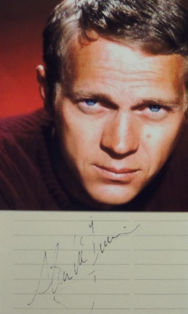 This vintage cut of white paper measures right around 3x5, and bears the black ink signature of Hollywood action icon, Steve McQueen.  The autograph grades about a 4.5, and the cut comes with a color photo of McQueen for matting and framing for display.  PSA/DNA pre certified LOA included, and valued well into the hundreds!