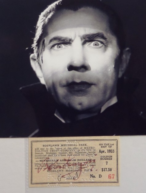 This April 1933 ticket for Roselawn Memorial Park is still in EX overall condition, and comes hand-signed in red fountain pen ink by legendary horror actor, Bela Lugosi.  The signature grades a 5-6, and the ticket comes with a black and white "Dracula" photo for display!