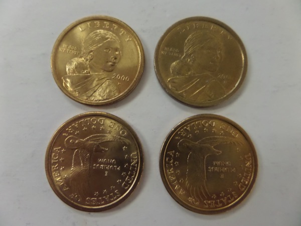 This lot of 4--Sacagawea Dollars US Mint GOLD COLORED Coins in "Brilliant Uncirculated" Condition inclue 3--2000 P and 1--2001 P and are in BU condition. These coins have sold in the thousands if GRaded high enough and these look like the day they were minted.  Great investment lot for children or grandkids, and sure to rise in value...