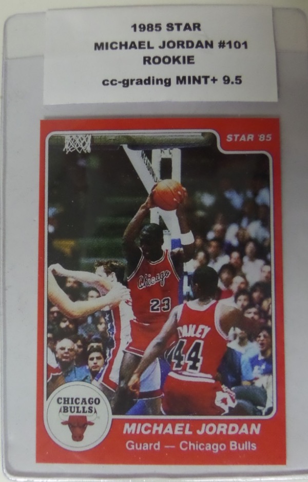 This Rookie Card #101 of Michael Jordan is from the 1984-85 Star Basketball Set, and is CC Graded a MINT 9.5, and a true blazer. This is his First ROOKIE card and truly a great card to invest in as the value is near $3500 in this condition. This is the card for any true Jordan Collector, and will be the showpiece of his/her collection!