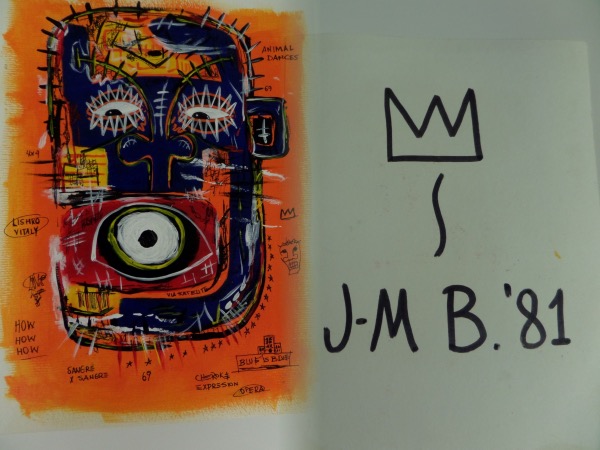 This bright work is all in his hand and brush, shows a Samo face with lot of blue and orange colors, and has lot os writing and sketches on the sides of the head. It is almost 11x14 in size, comes hand signed and dated on the back side from 1981, and value on the pop star artist is $1500.00 or so. 