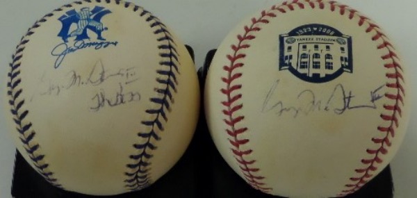 Fans of the Bronx Bombers will want to get in on this lot of two Official baseballs from Rawlings, each in VG+ condition, and each side panel-signed by the longtime NYY owner himself.  Included are a Joe DiMaggio Official AL Baseball, and a 2008 Yankee Stadium commemorative balls.  Signatures are light but legible, each grading a 6-7, with the Joe D. ball including a cool The Boss inscription.  Retail is mid/high hundreds!