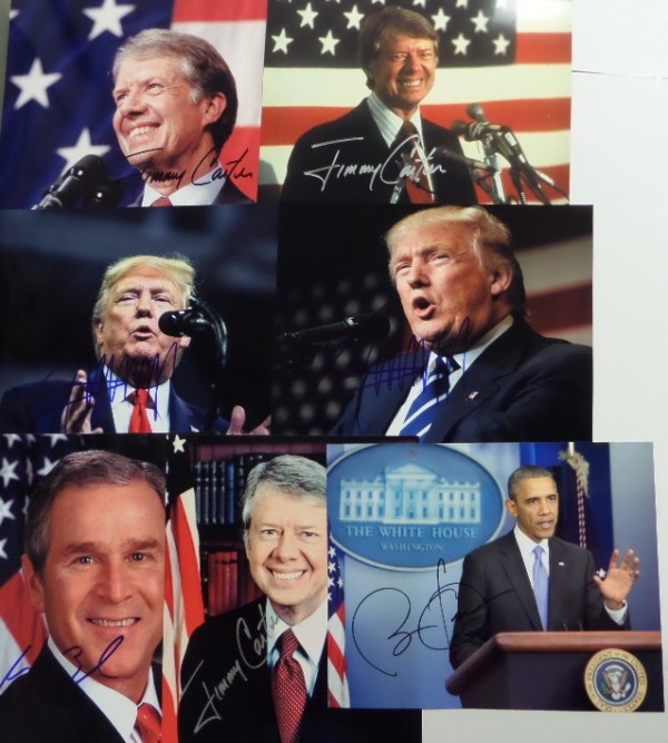 This Presidential collector/dealer will want to get in on this lot of SEVEN full color 8x10 photos, each hand-signed by the Commander-In-Chief shown.  Included are (3) Jimmy Carter, (2) Donald Trump, Barack Obama and George W. Bush.  Signatures look spectacular, and this lot of seven photos can translate well into the four figure range!