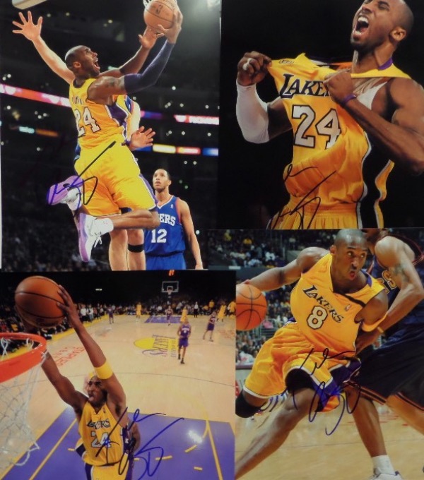 This ideal group lot is FOUR full color photos of Kobe in NBA action with the Los Angeles Lakers.  Each photo is hand-signed by the 5 time NBA Champion and future HOF superstar himself, and with his 2020 death, retail of the five together is well into the low thousands!