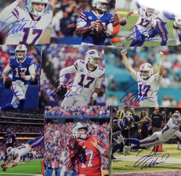 This ideal dealer's lot is TWENTY-FIVE full color photos of Bills superstar QB, Josh Allen.  Lots of different poses and shots here, with some really great in action images, and each photo is sharpie-signed by the All Pro passer himself.  Okay, dealers, let's see what you're made of.  Do you have what it takes to turn this group lot into gold?