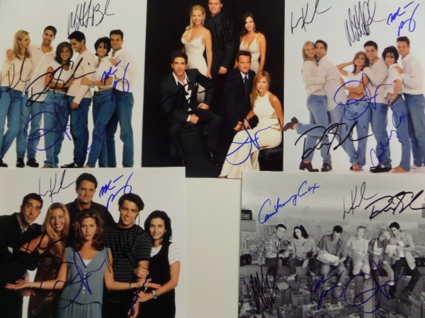 This awesome television collector's/dealer's chance is FIVE different 8x10 photos of the six stars from the hit '90's series, "Friends."  Each is penned by all six cast members, including Courtney Cox, Matt LeBlanc, Matthew Perry, Lisa Kudrow, David Schwimmer and Jennifer Aniston, and each 8x10 can retail into the mid hundreds by itself.  There is some SERIOUS retail potential here!