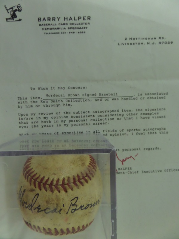 A childhood accident took parts of two fingers on Mordecai Brown's throwing hand, but he took that hardship and turned it into one of the most devastating curveballs of all time.  He was Christy Mathewson's only real rival during the first decade of the 20th Century, and the Cubs ace was eventually enshrined into Cooperstown immortality.  This ball comes sweet spot-signed in black fountain pen ink by "Three Finger" Brown himself, reading his birth name and grading a STRONG 8.  A great piece for any baseball collection, and with an accompanying LOA from Barry Halper, retail is low thousands!