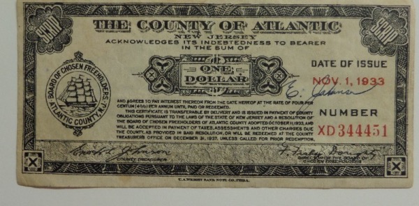 It took the HBO series "Boardwalk Empire" for people to delve back into history to learn about this man.   Enoch "Nucky" Johnson was the real life individual on whose life Steve Buscemi's iconic Nucky Thompson was based, and here we actually have a piece of his notorious existence.  This One Dollar paper note is from The Couty of Atlantic, dated from November 1, 1933, and signed in black ink E. Johnson, by the man himself.  It is a true piece of crime Americana, and honestly the first piece of its kind that we've carried.  With Johnson now deceased 55 years, this RARE item is valued at PRICELESS!